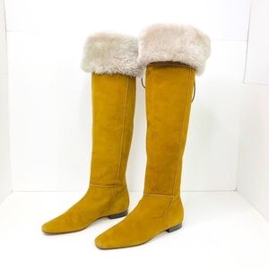 MANOLO Blahnik Italian suede fur top tan boots